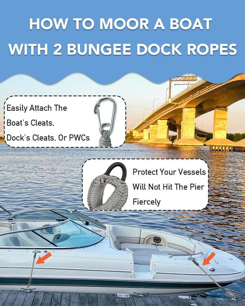 3 Feet Bungee Dock Lines with 2 Clips Heavy Duty 316 Stainless Steel Clips Boat Ropes Mooring Rope & Dock Ties for for Boats PWC or Jet Ski 2PCS (Grey, 3 Feet) Gray