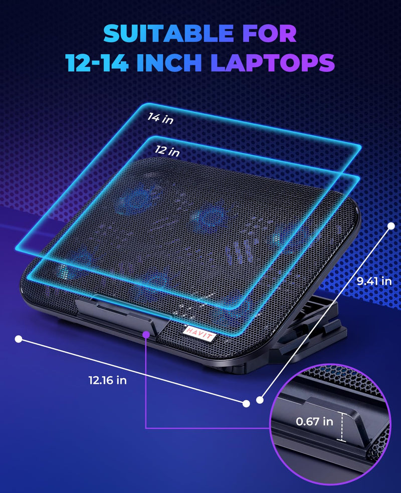 HAVIT Laptop Cooling Pad with 6 Quiet Fans and Adjustable Heights for 12-14.1 Inch Laptops, Dual USB Ports, Phone Holder, Efficient Cooling Stand for Heat Dissipation