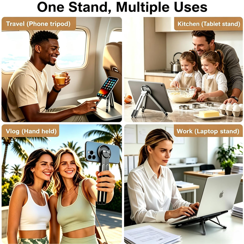 4-in-1 Foldable Laptop Stand with N52 Magnetic Phone Holder, Portable Aluminum Computer Stand for MacBook/ iPad/ Tablet, Adjustable Ergonomic Desk Stand for Home Office College Dorm & Travel Giftable Gray