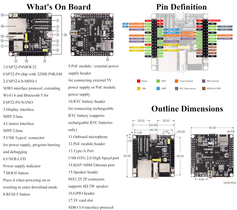 ESP32-P4-NANO Development Board, Based On ESP32-P4 Chip with RISC-V Dual-Core and Single-Core Processors, Supports Wi-Fi 6 and Bluetooth 5/BLE, with Speaker and PoE Module(4 Items)