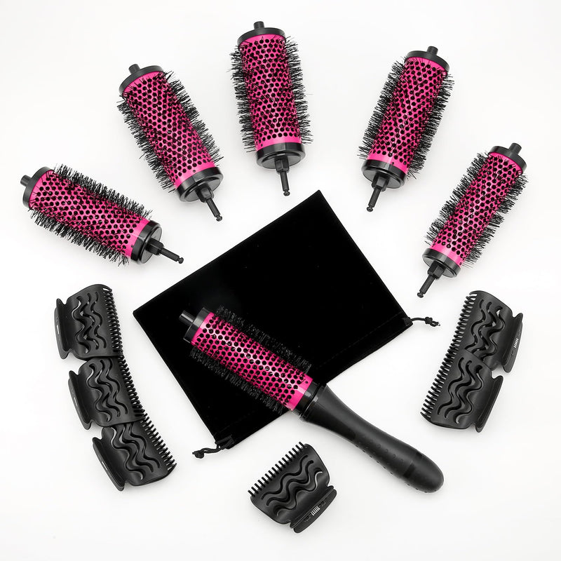  [AUSTRALIA] - Round Hair Brush Set Detachable Handle Hair Roller Brush 3 Sizes Round Hair Brush for Blow Drying with 6 Positioning Clips,6 Barrels 1 Handle (Rose Red) Rose Red