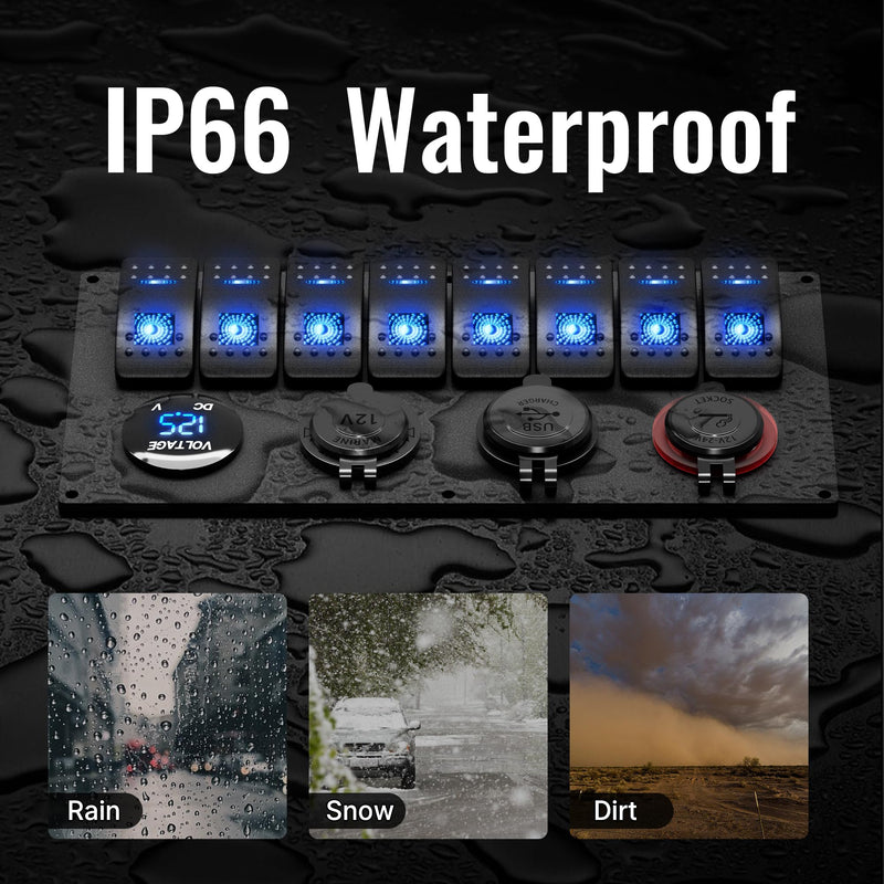 RVBOATPAT Marine Boat Switch Panel Waterproof 8 Gang 12V Rocker Switch Panel 12 Volt Toggle Switch Panel Blue LED Lighted for Automotive Car Truck 8 Gang Switch Panel