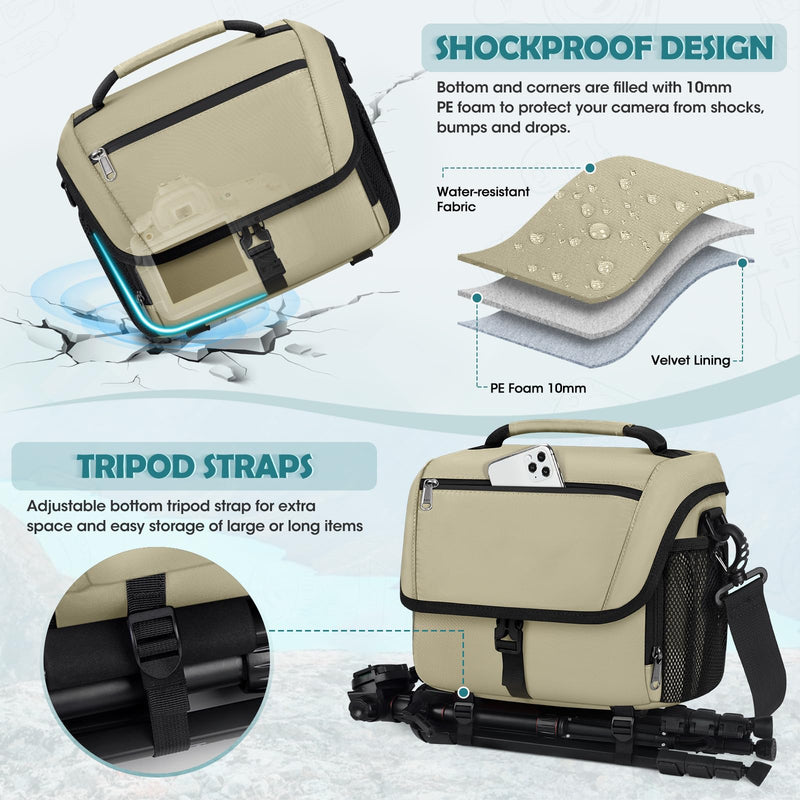 RAINSMORE Camera Bag, DSLR SLR Mirrorless Camera Case for Photographer | Waterproof Camera Sling Bag with Rain Cover & Tripod Holder Soft Padded Crossbody Camera Bag for Sony Canon Nikon Fujifilm Khaki M