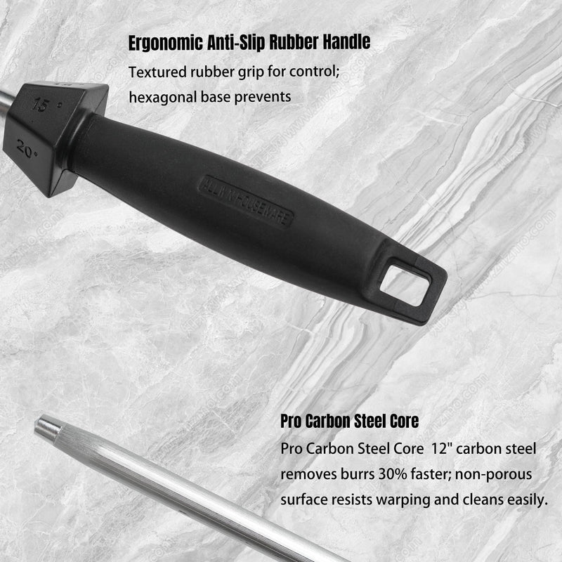 Knife Sharpener Knife Sharpening Rod Honing Steel with 15°-18°-20°Angle Guides Professional Carbon Steel with Black Rubber Grip for Kitchen Chef House Gift 12'' G Type-Black 12 inch