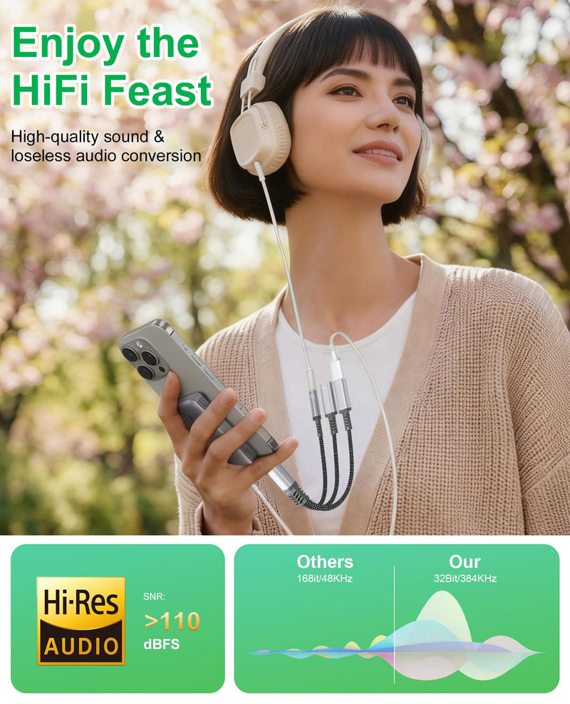 3 in 1 USB C Headphone Splitter Headphone Adapter with 60W Charging and Data, USB-C to 3.5mm Headphone & Dual USB C Splitter, PD Fast Charging/Data/Music/Calling for iPhone 17/16/15, iPad, MacBook