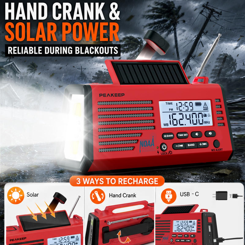 Peakeep Emergency Radio NOAA Weather Alert Battery Solar Crank Powered | AM FM SW Portable Radio, Rechargeable Battery Backup18500mWh, SOS Flashlight Lamp for Home Car Camping Storms Blackouts Prep Red with Black
