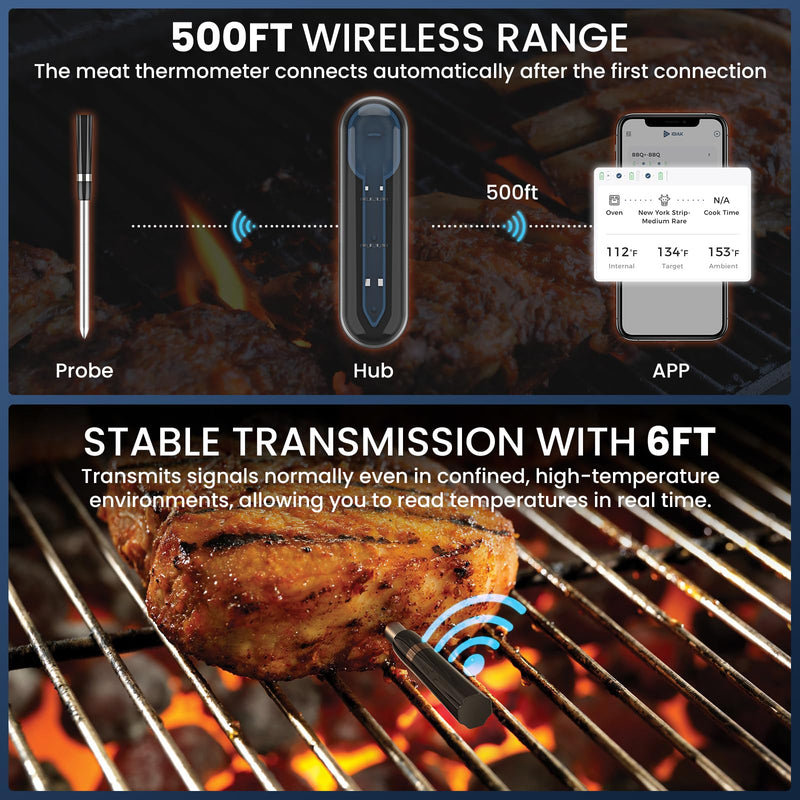 Wireless Meat Thermometer for Grilling and Smoking, CP10 New Gen 500FT Meat Probe Thermometers, Dual Sensor, Dual Alarm, Smart Food Thermometer Probe for BBQ, Oven, Grill, Smoker, Sous Vide Black