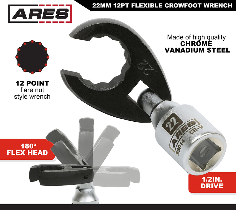 ARES 33014 – 1/2-Inch Drive Flexible Crowfoot Wrench - 22mm (7/8-inch) 12pt Crowfoot Wrench – 180 Degree Flex Head Offers 90-Degree Access for Hard-to-Reach Bolts – Services Oxygen Sensors