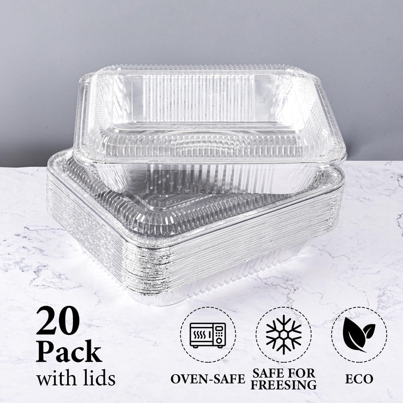 9x13 Inch Disposable Aluminum Foil Pans with Clear Lids(20 Pack)Half Size Tin Foil Pans,Disposable Food Containers Baking Pans For Cooking, Meal Prep, Roasting, Chafing, Heating, Steam Table 20