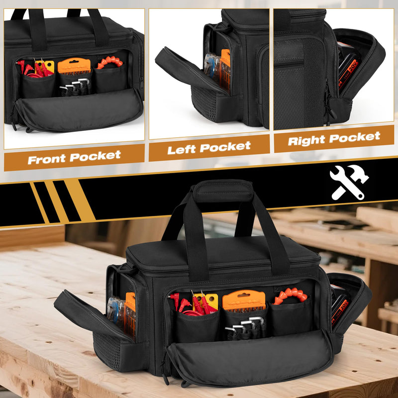 Tactical Tool Bag with Anti-friction Bottom, Hand Tool Tote Storage Organizer for Men, Small Range Bag for Electricians, Carpenters, Mechanics and Repairman, Black