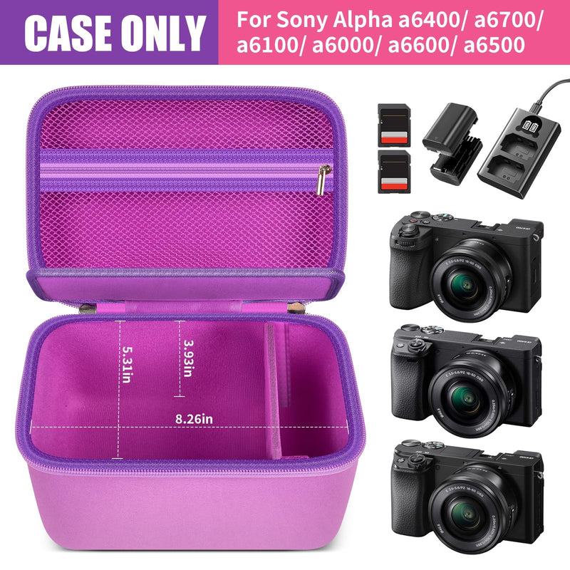 casmilee Mirrorless Camera Case for Sony a6400/a6700/a6100/a6000 | Adjustable Dividers, Padded Multi-Layer Protection, Lens and Accessory Storage, Shoulder Strap, Case Only, Purple
