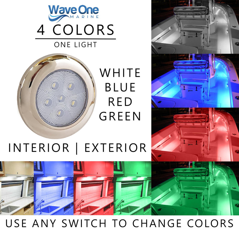 Wave One Marine SURFACE Mount 2.75" RGBW Internal Driver LED Courtesy Boat Light | RV Accent | Interior Exterior Deck Transom Cockpit T Top | Waterproof IP68 (Stainless Bezel) Stainless Bezel (2.75")