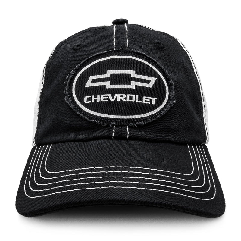 Tee Luv Chevy Bow Tie Logo Patch Hat | Vintage Trucker Style Hat | Licensed Chevrolet Design,Black, White