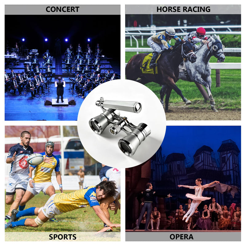 3X25 Opera Glasses with Foldable Handle Small Elegant Theatre Glasses for Concerts Opera Horse Sports Cinema Silver with handle-Chrome