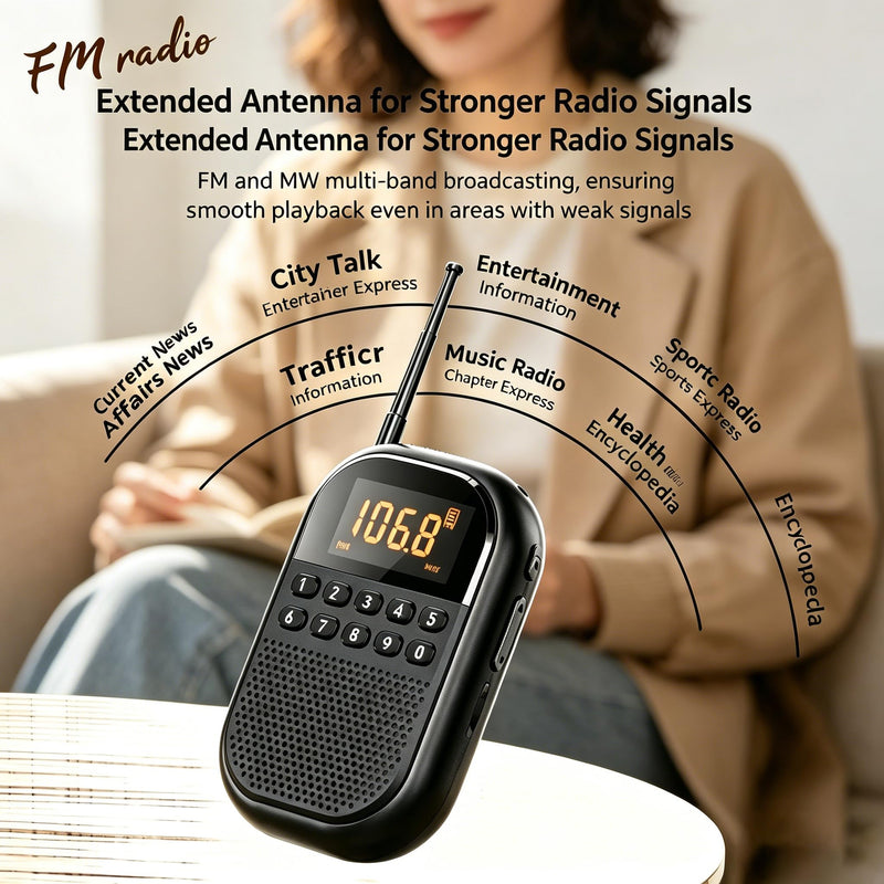 Longben AM FM Portable Pocket Radio Personal Radio Supports Bluetooth 1100mAh mini Speaker Stereo Earphone, Sleep Timer (Beige) Beige