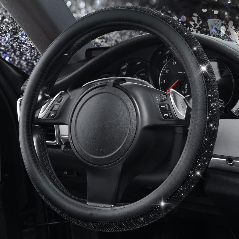 CAR PASS Bling Diamond Leather Steering Wheel Cover, With Sparkly Crystal Glitter Rhinestones Universal Fit 14"1/2-15" Car Wheel Protector for Women Girl Fit Suvs,Vans,Sedans,Car,Trucks, Black Diamond Black Diamond on Velvet