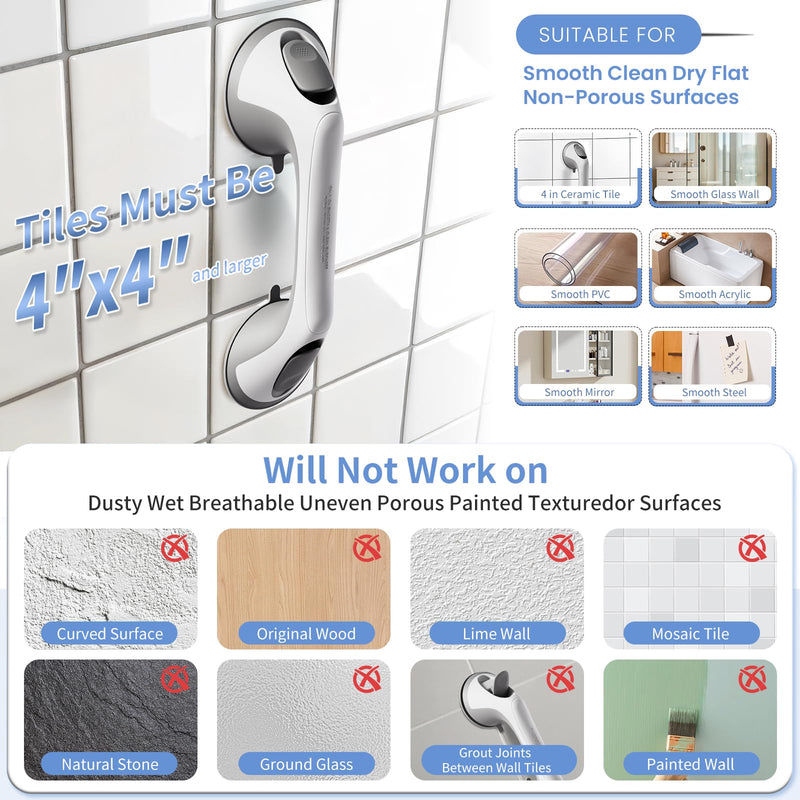 2 Pack 12 Inch Grab Bars for Bathtubs and Showers for Seniors, Heavy Duty Shower Handle for Elderly, Suction Cup Removable Handrails Handicap Bath Grip Bathroom Upgrade Safety Grips (Gray) 12″ Gray