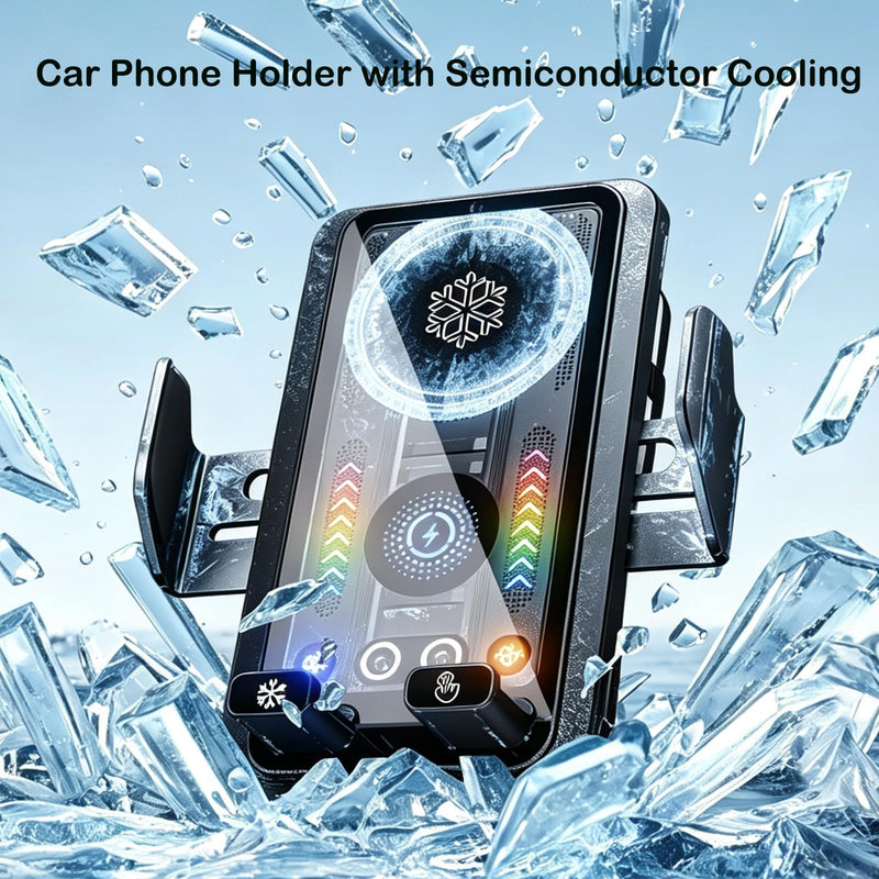 Cooling Charging Car Phone Holder, Smart Car Vent Phone Stand With Induction Auto-Clamping, 15W Wireless Car Charger Mount with RGB Ambient Light, Car Vent Phone Bracket with Cooling Fan for iPhone Black