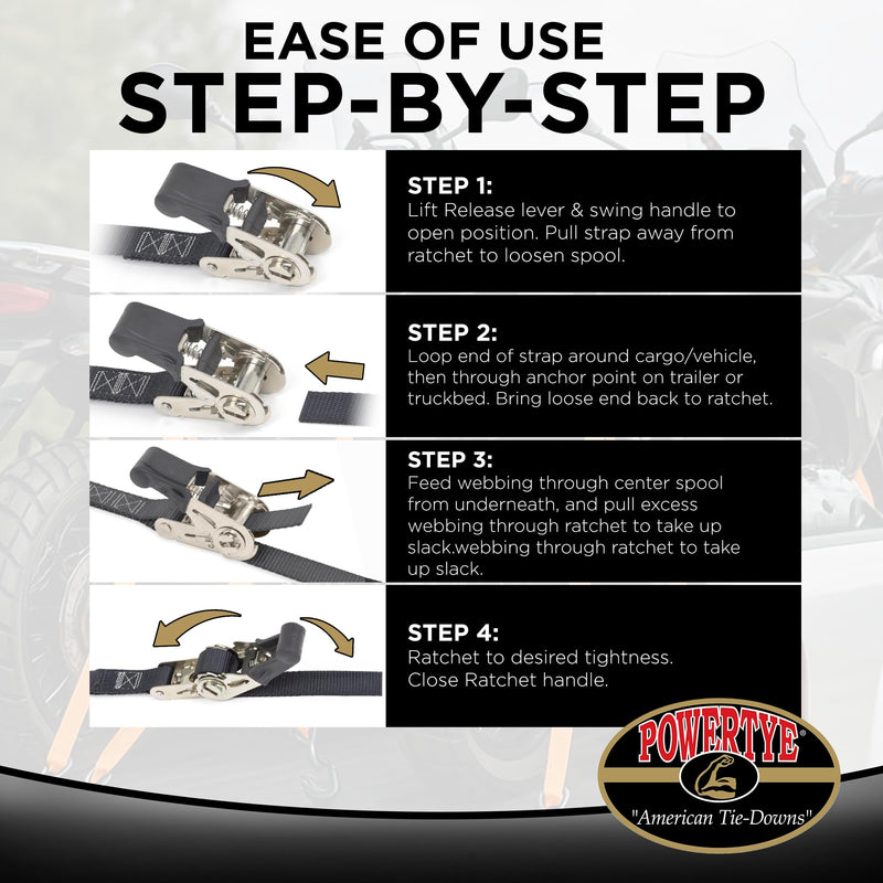 PowerTye - Endless Ratchet Strap - Easy Grip (Hookless), Black Tie Down Strap w/ 400 lb. Working Load Limit / 1,200 lb. Break Strength, Ideal for Motorcycle, ATV, Bike, & Coolers, 1in x 4ft, 2-Pack 1in x 4ft Easy Grip