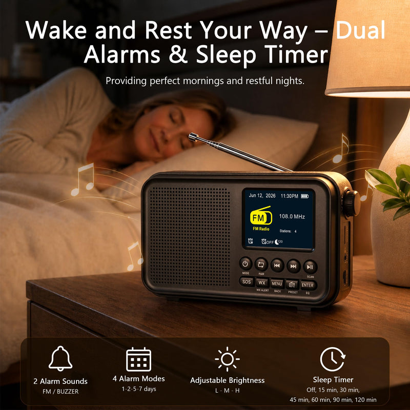 Eoxsmile Portable FM Radio with Bluetooth, NOAA Weather Alert, 40 Presets | Rechargeable 3000mAh Battery, Dual Alarms, Sleep Timer & MicroSD Playback, Digital Radio for Home, Bedside, Kitchen & Travel Black