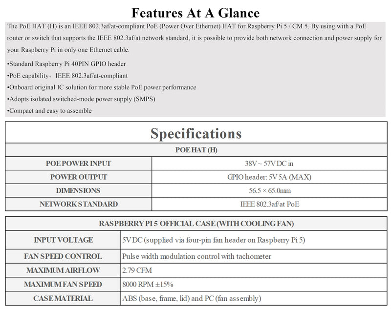 Pi 5 PoE HAT Compatible with Raspberry Pi 5 / Compute Module 5, Isolated Switched-Mode Power Supply,Power Over Ethernet HAT Offer Network Connection and Power Supply to Pi 5/CM 5 in One Cable, 5V 5A