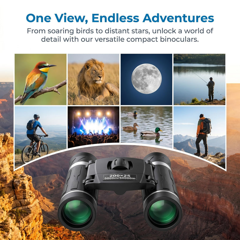 200x25 Compact Binoculars for All Ages – High-Powered Mini HD Optics | Waterproof, fog-proof, durable rubber, for bird watching, hunting, travel, concerts, sightseeing, camping, hiking, outdoor