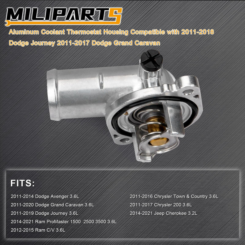 Aluminum Coolant Thermostat Housing Assembly Compatible with 2011-2020 Dodge Journey Avenger Grand Caravan 2014-2021 Jeep Cherokee 2012-2021 Ram C/V ProMaster 1500 2500 3500 2011-2017 Chrysler 200 5184570AG(Upgrade Aluminum)