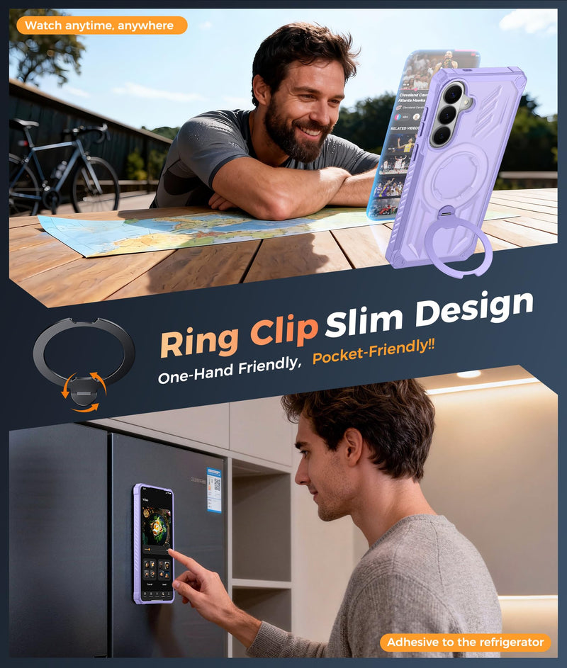 FNTCASE for Samsung Galaxy S26 Case with 360 Spin Magnetic Kickstand | Screen Protector, Compatible with MagSafe, Heavy Duty 20FT Military-Grade Drop Protection, Non-Slip, Shockproof Rugged Light Purple For Samsung Galaxy S26 (6.3 Inch)