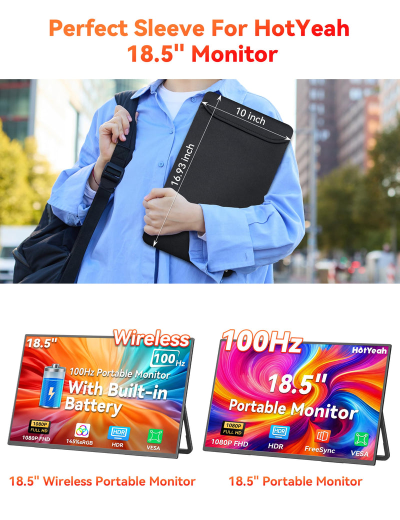 18.5" Portable Monitor Sleeve Bag, Storage Bag as Monitor Case | Water Resistant Neoprene Cover for Travel Laptop Monitor, iPad Tablet Protective Case & MacBook Laptop Sleeve