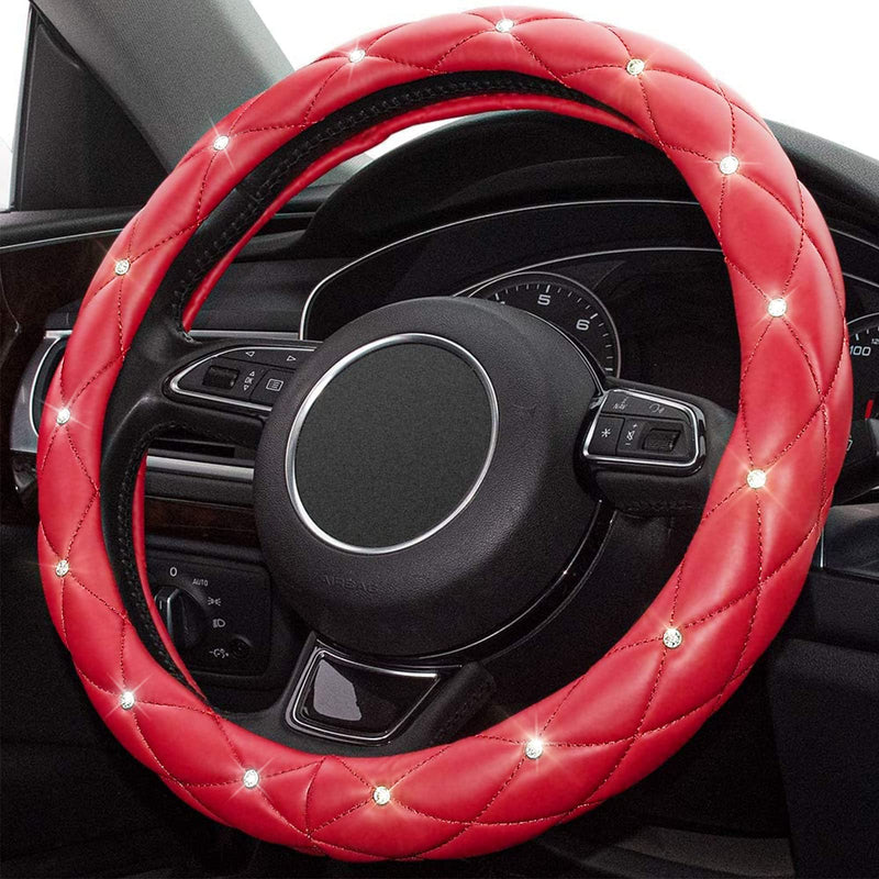 [AUSTRALIA] - Xizopucy Red Steering Wheel Cover, Leather Car Steering Wheel Cover, Crystal Rhinestones Anti-Slip Soft Accessories for Women and Girl Universal Fit 14.5-15 Inch . .Red..