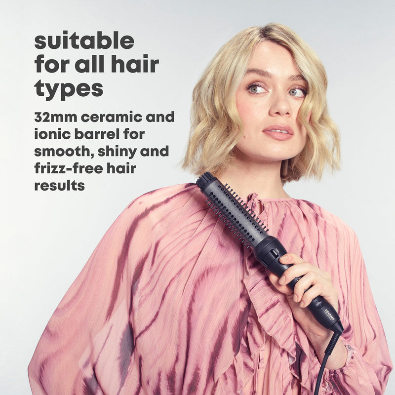 REVAMP Volume & Wave Ceramic Hot Brush Styler - 32 mm, Ionic | Round Barrel Hair Brush, Progloss Oils, Long Lasting Bounce, Fast Heat, Retractable Bristles, Snag Free