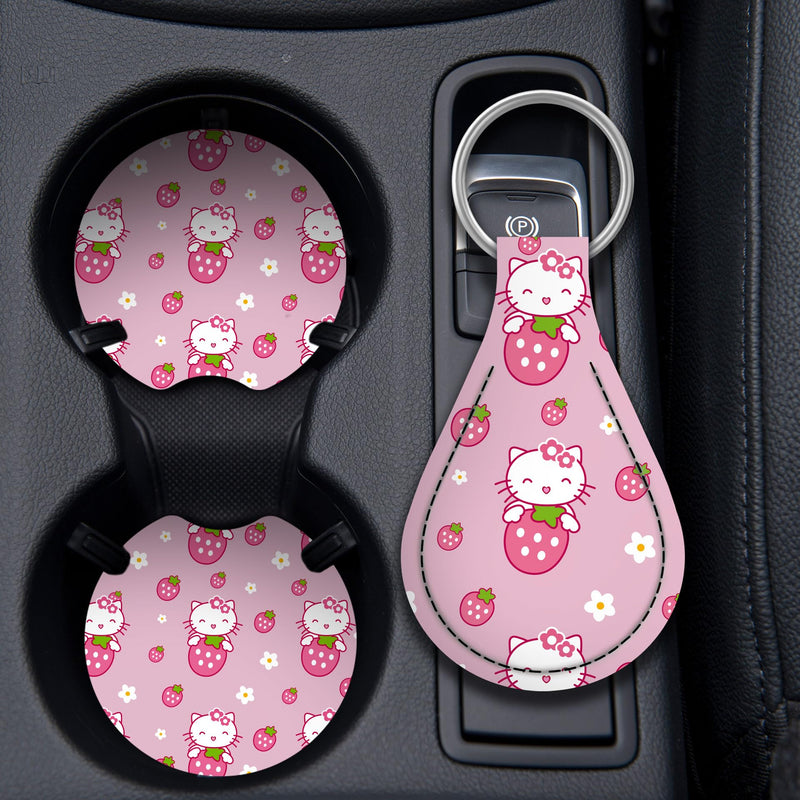 Kitty Accessories Car, Strawberry Pink Cat Wheel Cover, Y2K Car Accessories, Girly Steering Wheel Cover, Universal Fit 14.5-15 inch Auto SUV Vans Trucks, Anti-Slip and Sweat Absorption