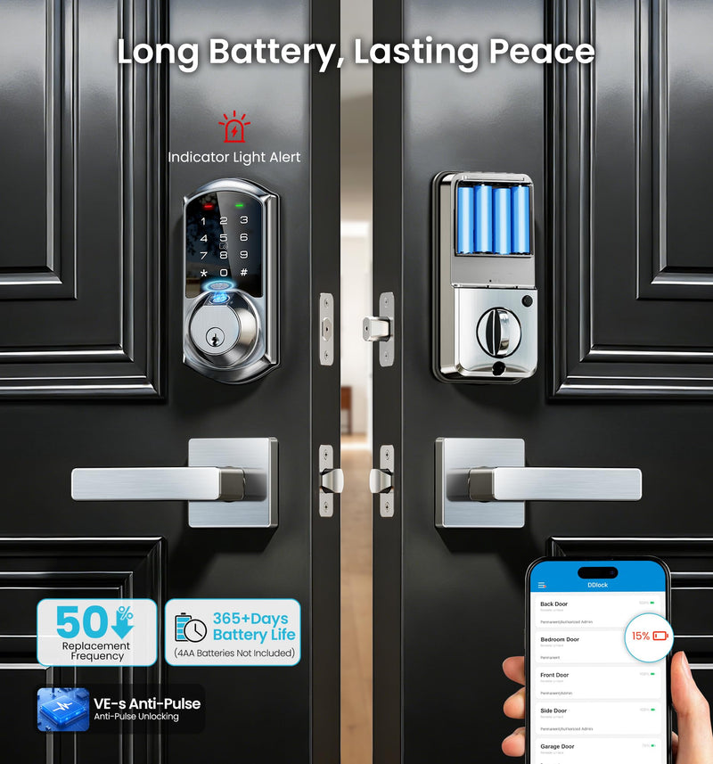 Veise VE07 Fingerprint Smart Door Lock, 7-in-1 Keyless Entry Deadbolt with App Control, Electronic Digital Touchscreen Keypad, Biometric Smart Locks for Front Door, Auto Lock, Satin Nickel