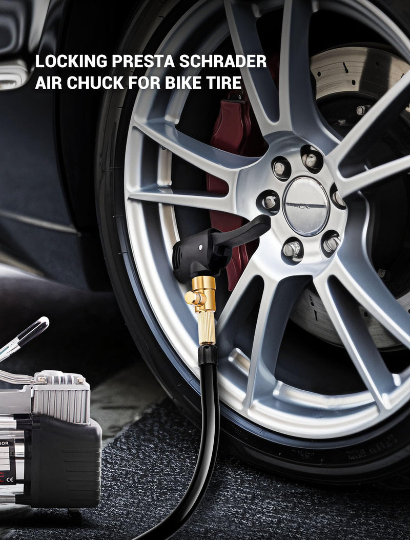 Locking Presta Schrader Air Chuck for Bike Tire, Dual Head Pump Nozzle with 1/4" F-NPT Quick Connect for Tire Inflator, Presta&Schrader Valve Adapter w/Air Release Nob for Bicycle Floor Pump