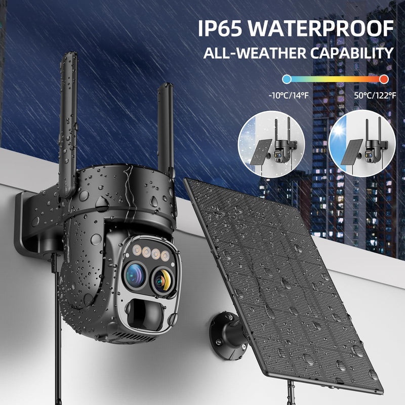 Hawkray Pannel Solar Wireless Outdoor Security Camera， Dual-Lens, 10xZoom, 2K Resolution 3MP 360°Pan/Tilt，2.4&5G WiFi Battery Powered Camera with Spotlight Alarm PIR Motion Detection solid black