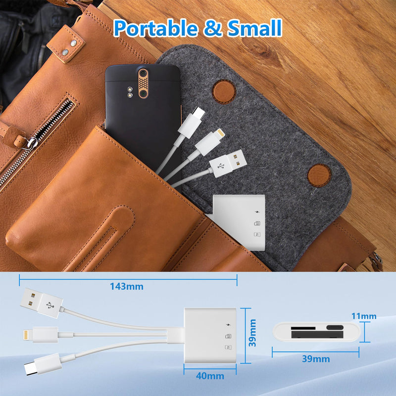 SD Card Reader for iPhone,USB C Lightning USB A Three Connector to SD/TF/Micro SD Card,Digital Camera Adapter,Memory Card Reader with USB OTG Adapter for iPad/iPhone/MacBook/PC/Android,Plug and Play