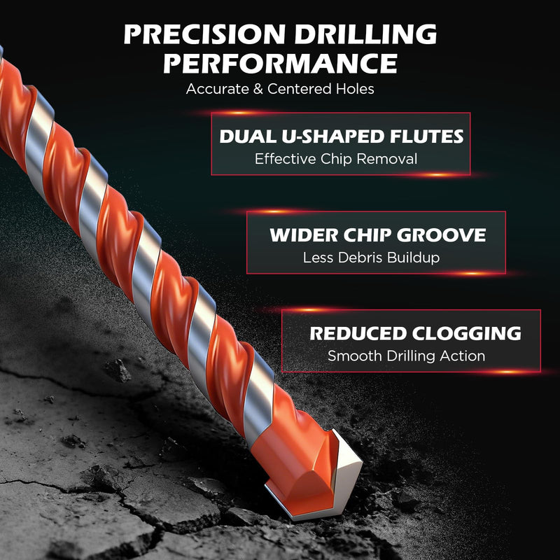 10-Piece Masonry Drill Bit Set, 6-Inch Carbide Tipped Concrete Drill Bits with Hex Shank for Brick, Cement, Tile, Wood and Light Metal, Fast Drilling and Chip Removal