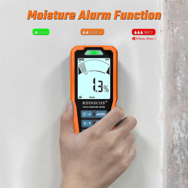 RDINSCOS Pinless Moisture Meter for Drywall & Wood 6-in-1 Moisture Tester | Non-Destructive Moisture Detector,For Wood, Drywall, Plaster, Concrete, Screed & Flooring, Audible Alarm,Rechargeable Orange-MT35