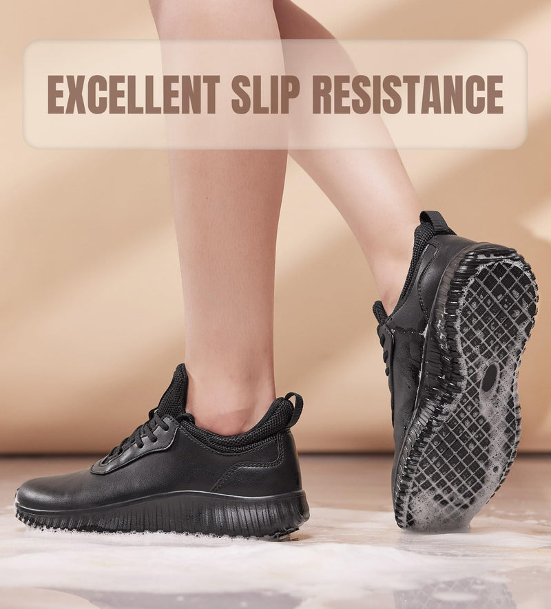 SHULOOK Non Slip Work Shoes for Women Food Service Water Resistant Sneakers Waterproof Kitchen Chef Restaurant Lace Up Walking Lightweight Comfortable Nursing Working Footwear 8 Black