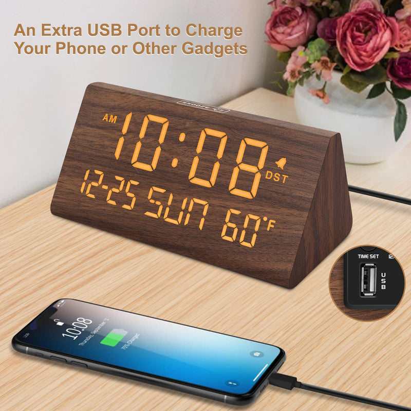 DreamSky Digital Alarm Clocks for Bedrooms - Wooden Desk Clock with Date, Day of Week, USB Port, Temperature, Dimmer for Bedside Table, Living Room, Office, Adjustable Volume, Auto DST, Wood Decor Brown - Date & Day