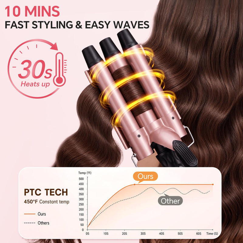 3 Barrel Hair Waver for Long or Short Styling, 25mm Hair Curler Crimper with 14 Temperature Settings 100-230°C, Ceramic Curling Iron Tongs Creates Mermaid Waves