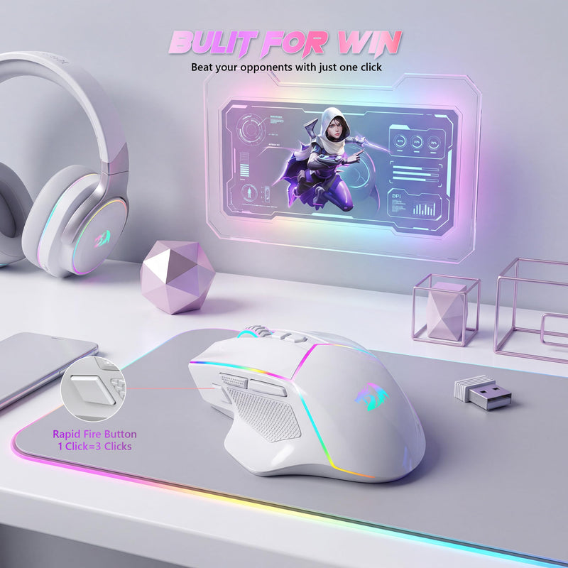 Redragon Wireless Gaming Mouse, Tri-Mode 2.4G/Bluetooth/USB-C, 7 Programmable Buttons, Tactile Rapid Fire Key, 24000 DPI RGB Ergonomic Mouse for PC Windows Gaming & Work, M814W White