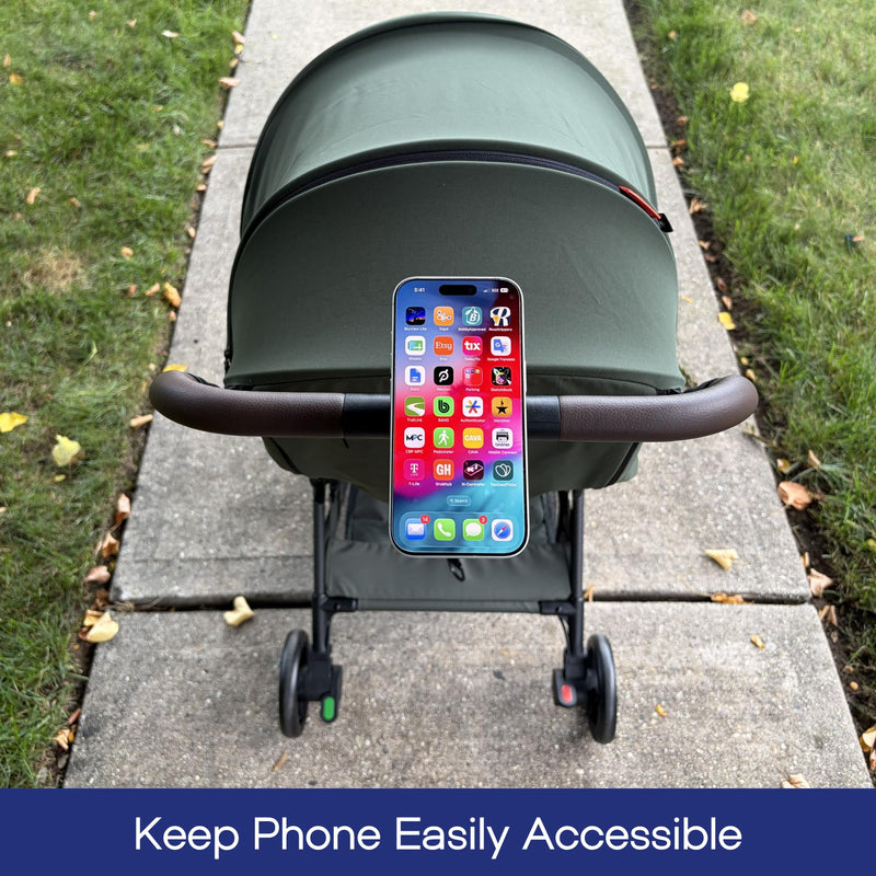 Stroller Phone Holder, MagSafe Compatible Expandable Clamp, 360 Adjustable | Secure clamp fits most handles; magnetic ring included for Samsung, Android and non-MagSafe cases; carts, wagons and travel