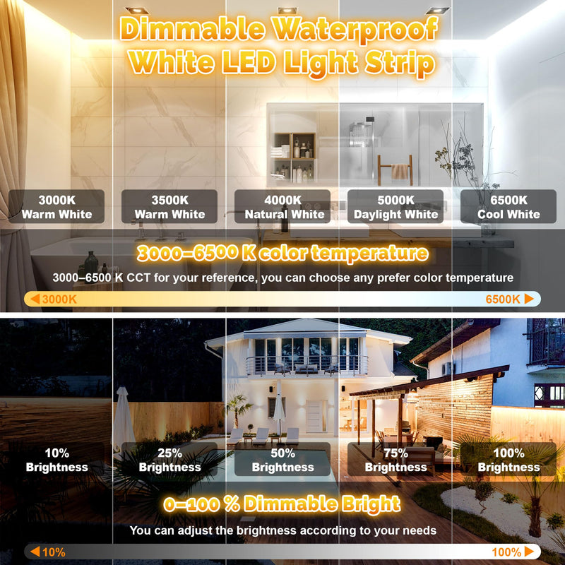 32.8FT Outdoor LED Strip Lights Waterproof IP67, Dimmable 3000K-6500K Warm White LED Rope Lights Outdoor Waterproof with Remote & APP, 24v Adhesive Exterior Lighting for Patio, Deck, Gazebo 32.8FT