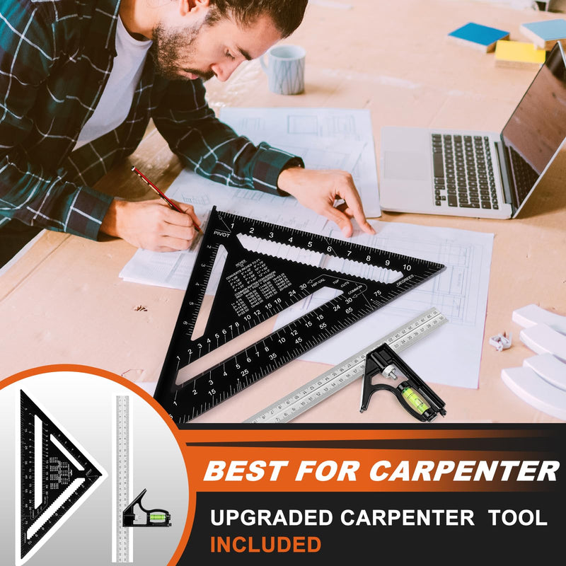 12" Advanced Rafter Square and Combination Square Set, 12 Inch Imperial Carpenter Square Woodworking Framing Square, Triangle Protractor Layout Ruler Tool