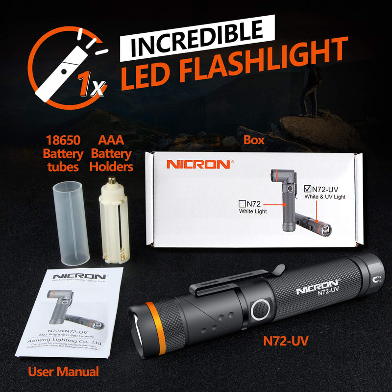 NICRON UV Flashlight, N72-UV 800LM White Light, Freely Switch Between White Light and UV Light Detector for Dog Urine, Wet Stains Bed Bugs,Camping, Outdoor,Maintain (18650/AAA Not Included) Purple