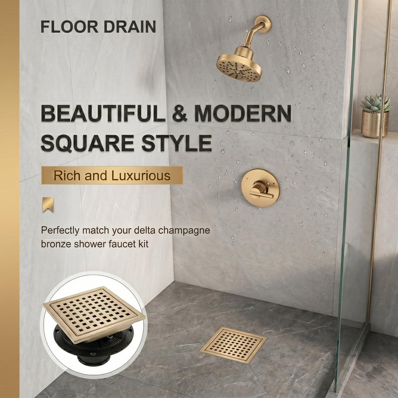 6 Inch Tile-in Champagne Bronze Shower Drain - Square Shower Floor Drain Kit Fit 2" or 3" Pipe - 304 Stainless Steel with Hair Carcher and ABS Flange - Compatible with Delta Champagne Bronze
