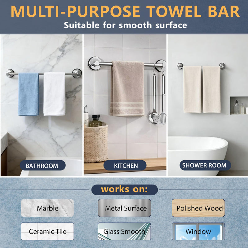 No-Drill Stainless Steel Suction Cup Towel Bar, Adjustable 14.6–24 Inch Bathroom Towel Rack for Glass Shower Door & Tile Wall, Heavy Duty Wall Mounted Towel Holder(Silver) Silver
