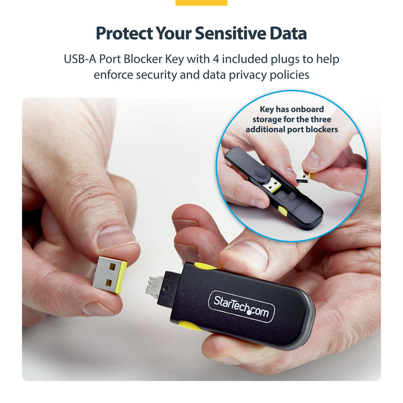 StarTech USB-A Port Blocker with 4X USB-A Cover Plugs (USB-A-Port-Blocker) | Snap-In Port Protectors for Laptops and Computers, Key, Latching, Dust