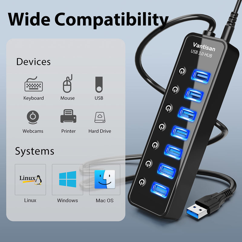 USB Hub 3.0 Powered, 7 Ports USB Data Hub Splitter with One Smart Charging Port and 5V/4A Powered Adapter and ON/Off Switches for MacBook, Mac Pro/Mini, iMac, Surface Pro Laptop/PC black